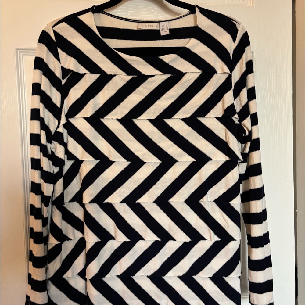 Chico’s Navy, Silver, and and White Chevron Striped Women's Top - Size 2